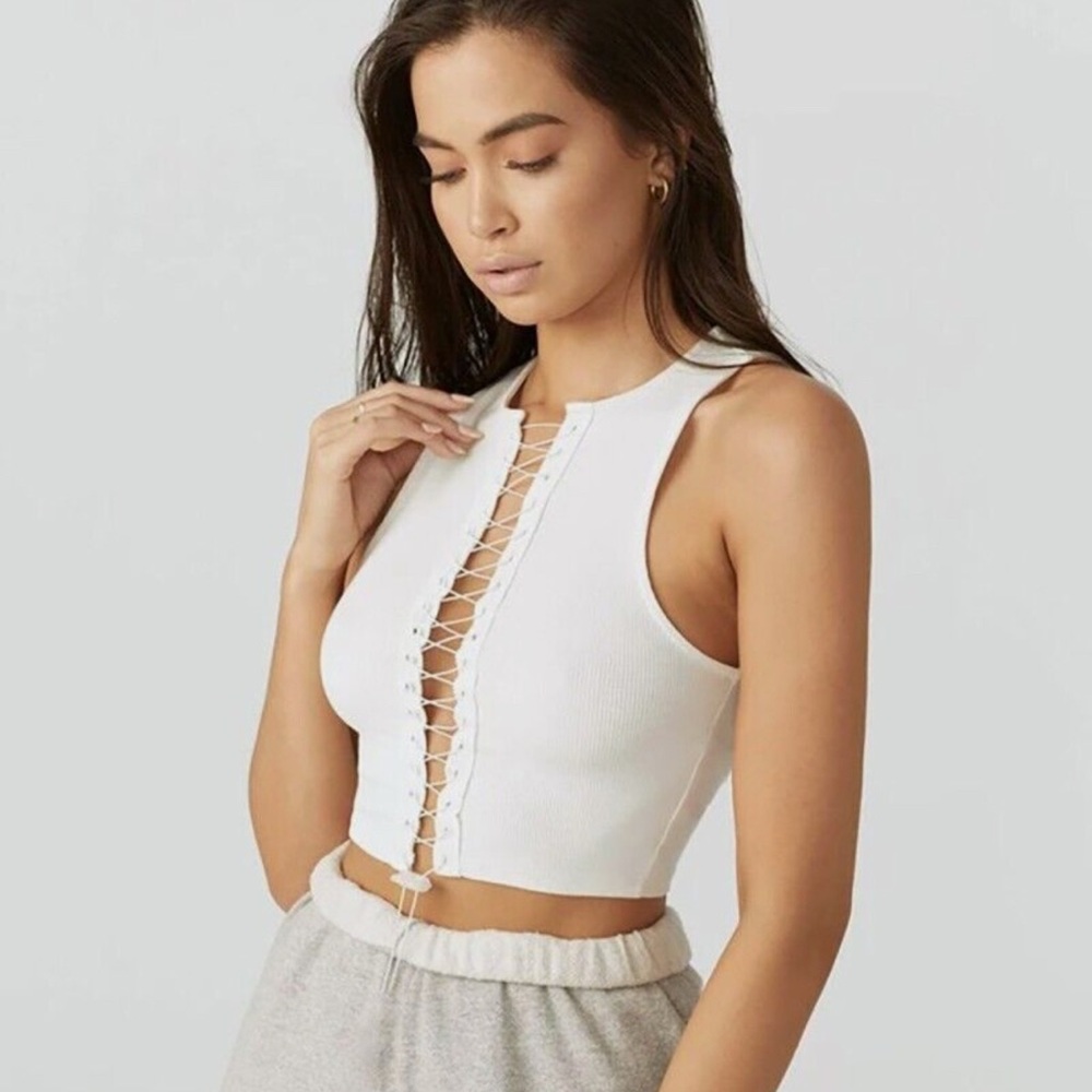 Joah Brown Lace Up Crop Tank Top Ribbed Bungee
